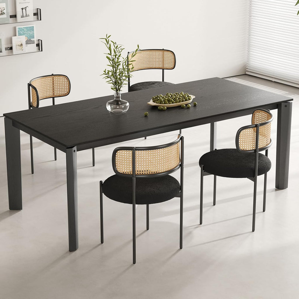 Farini Dining Chairs Set of 4,Mid-Century Modern Kitchen Chair Rattan Backrest Round Upholstered Sherpa Dining Chairs with Metal Legs,Black