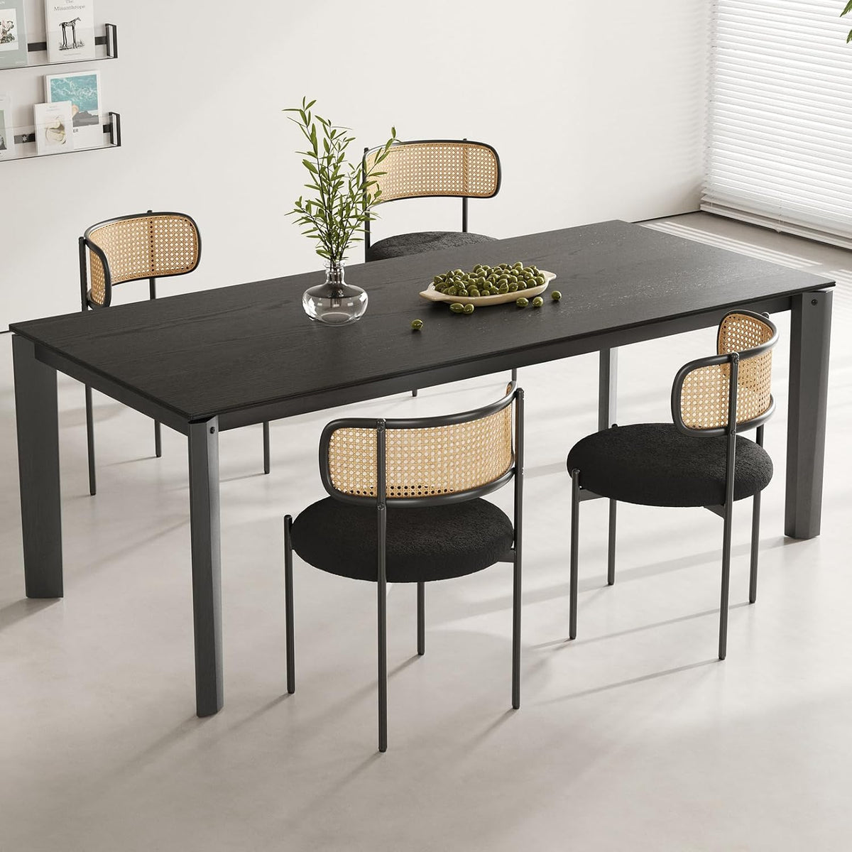 Farini Dining Chairs Set of 4,Mid-Century Modern Kitchen Chair Rattan Backrest Round Upholstered Sherpa Dining Chairs with Metal Legs,Black