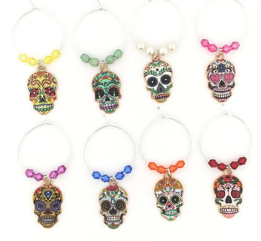 Cinco De Mayo Skull Wine Charms - Day Of The Dead Sugar Skull Glass Identifier Tags - Halloween Glass Markers - Party Table Setting Supplies - 8 Wine Charms/pack