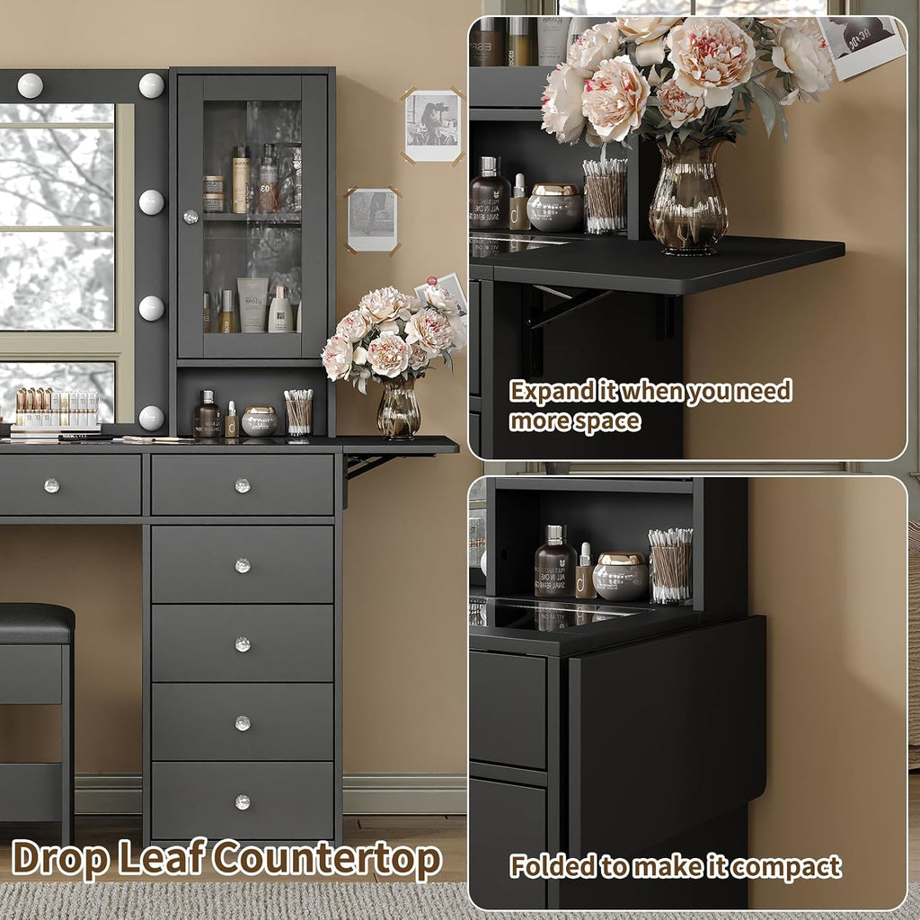 Yanosaku 55''W Makeup Vanity Desk with Mirror and Lights, 12 Drawers, Black | 3 Lighting Modes, Power Outlet, Glass Top, 2 Cabinets, Fold-up Panel, Vanity Stool Included, Fits Bedroom Dressing Room