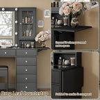 Yanosaku 55''W Makeup Vanity Desk with Mirror and Lights, 12 Drawers, Black | 3 Lighting Modes, Power Outlet, Glass Top, 2 Cabinets, Fold-up Panel, Vanity Stool Included, Fits Bedroom Dressing Room
