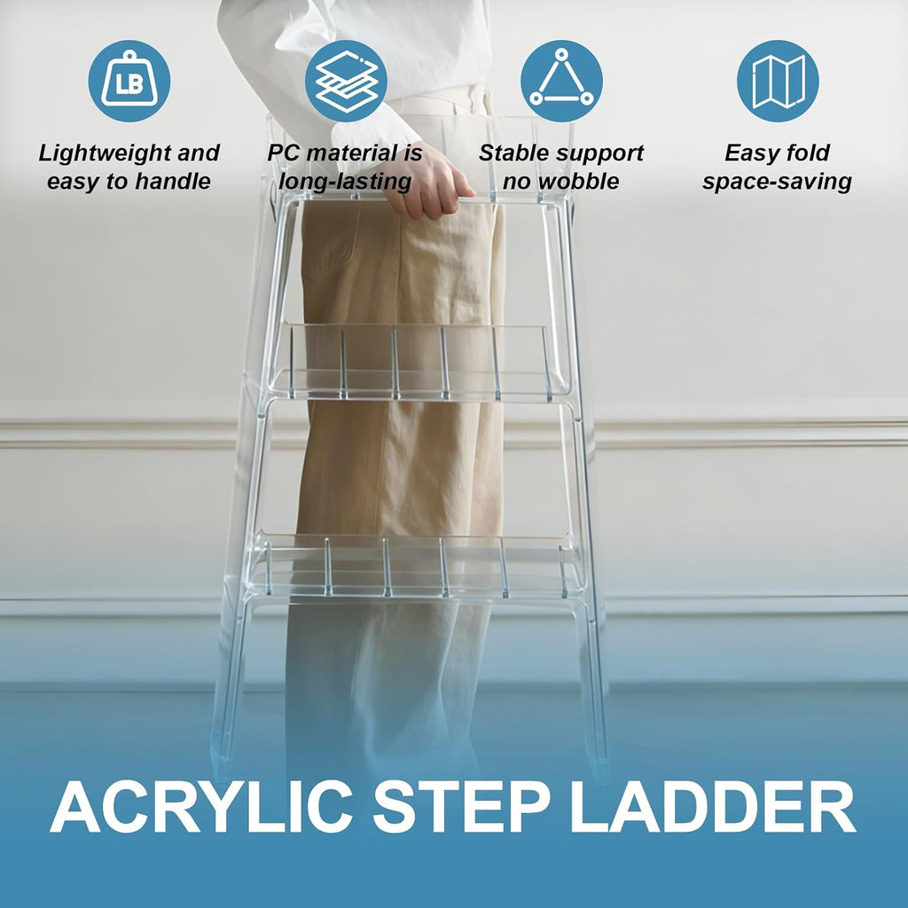 Transparent Acrylic 3-Step Folding Step Stool, 220 lbs Weight Capacity, Sleek Collapsible Step Ladder with Compact Design, Portable for Home, Kitchen, Bathroom and Closet