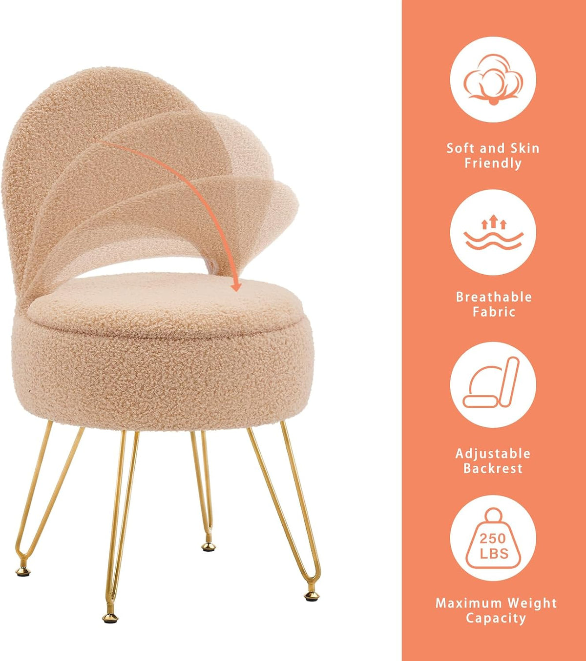 Vanity Stool Chair with Storage and Folding Back, Round Ottoman, Multifunctional Upholstered Makeup Chair, 4 Metal Legs with Anti-Slip Feet for Bedroom Living Room Entryway