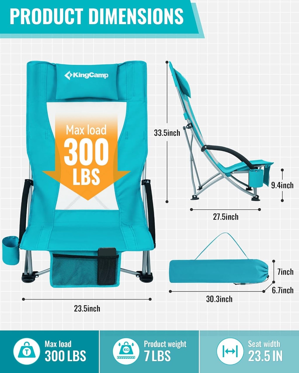 KingCamp Low Beach Chairs 2 Pack, Folding Portable Chair for Adults lightweight Extra Wide Ergonomic High Back Seat 300lbs Heavy Duty Oversized Gear with Carry Bag for Outdoor Lawn Camping Picnic