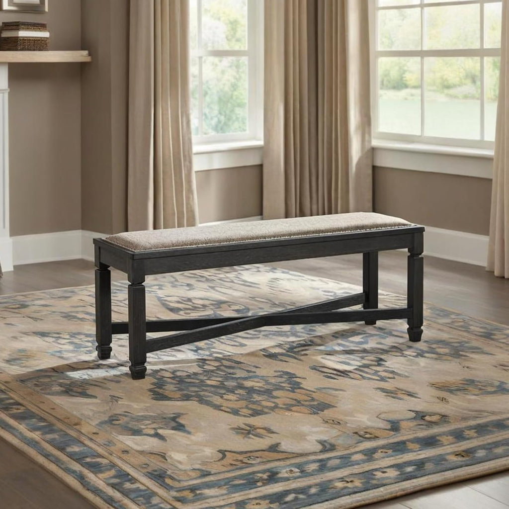 Signature Design by Ashley Tyler Creek Farmhouse Upholstered Dining Room Bench with Tapered Legs, Heavy Woven Fabric, Wood, 19.5" High Seat, Black & Gray