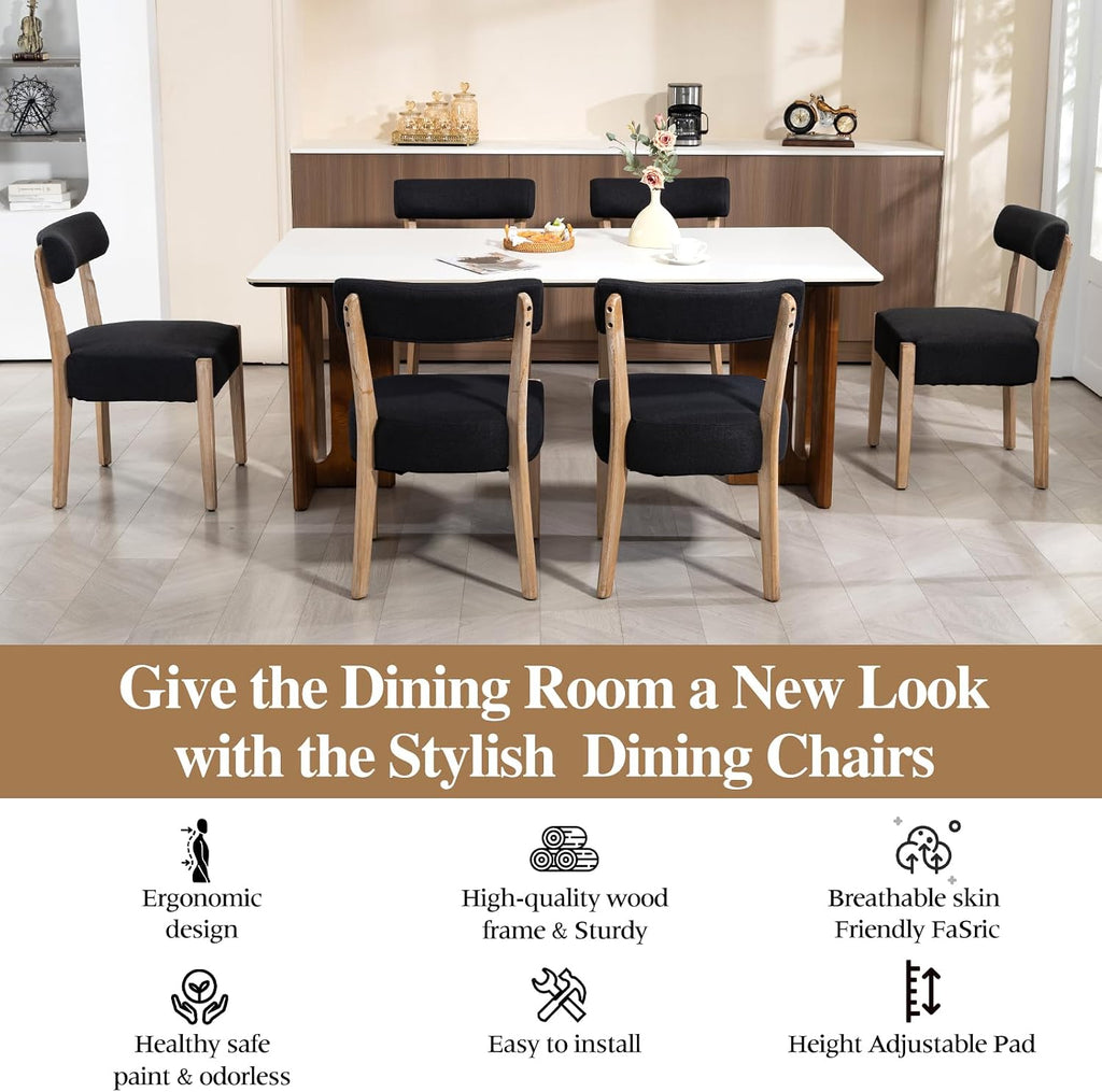 ZJhome Dining Chairs,Set of 2 Mid-Century Modern Wooden Kitchen Chairs with Linen Upholstery - Low-Back Woven Design for Kitchen & Dining Room,Black Fabric