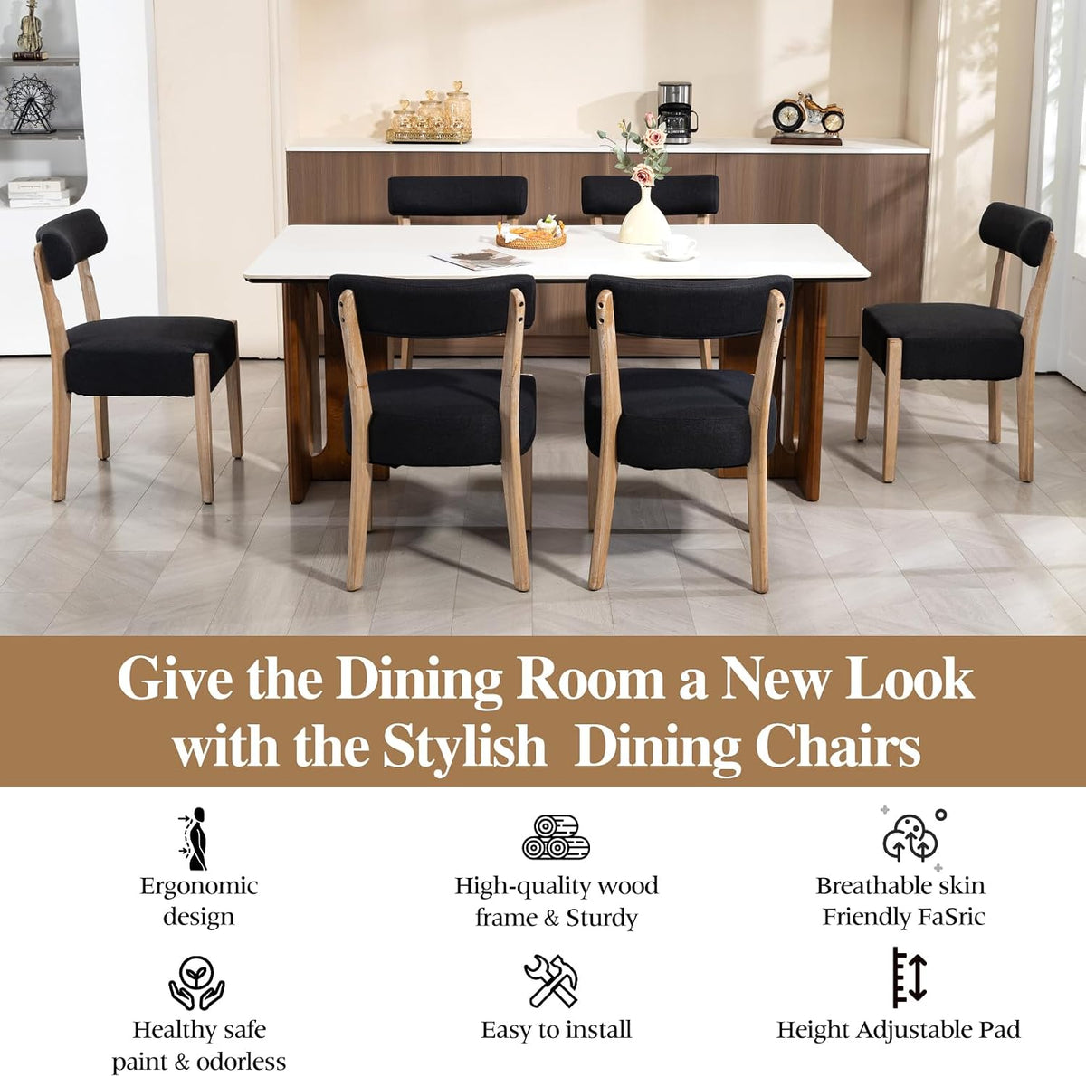 ZJhome Dining Chairs,Set of 2 Mid-Century Modern Wooden Kitchen Chairs with Linen Upholstery - Low-Back Woven Design for Kitchen & Dining Room,Black Fabric
