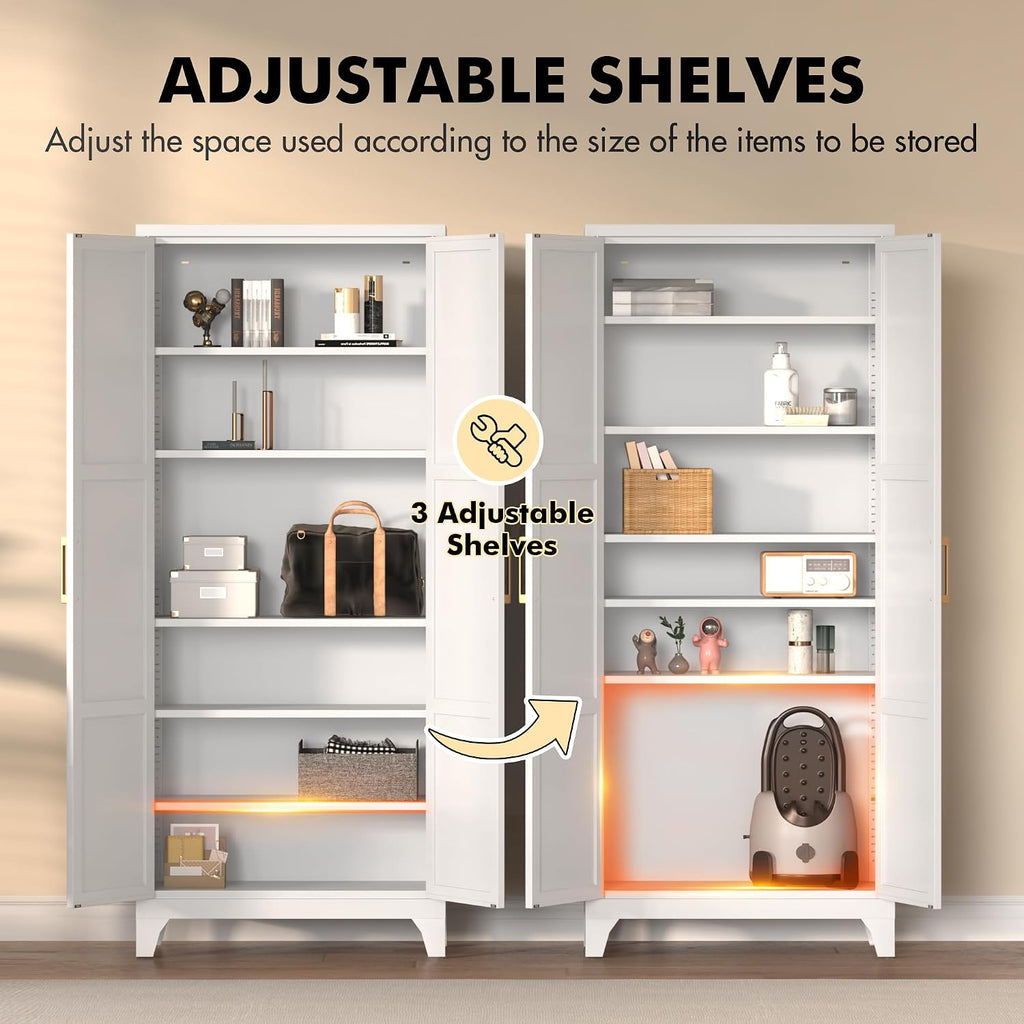 Coolsun Metal Pantry Cabinet, 71" Kitchen Pantry Storage Cabinet with 2 Doors and 4 Adjustable Shelves, Food Pantry Cabinet for Kitchen, Living Room, Dining Room, Home Office