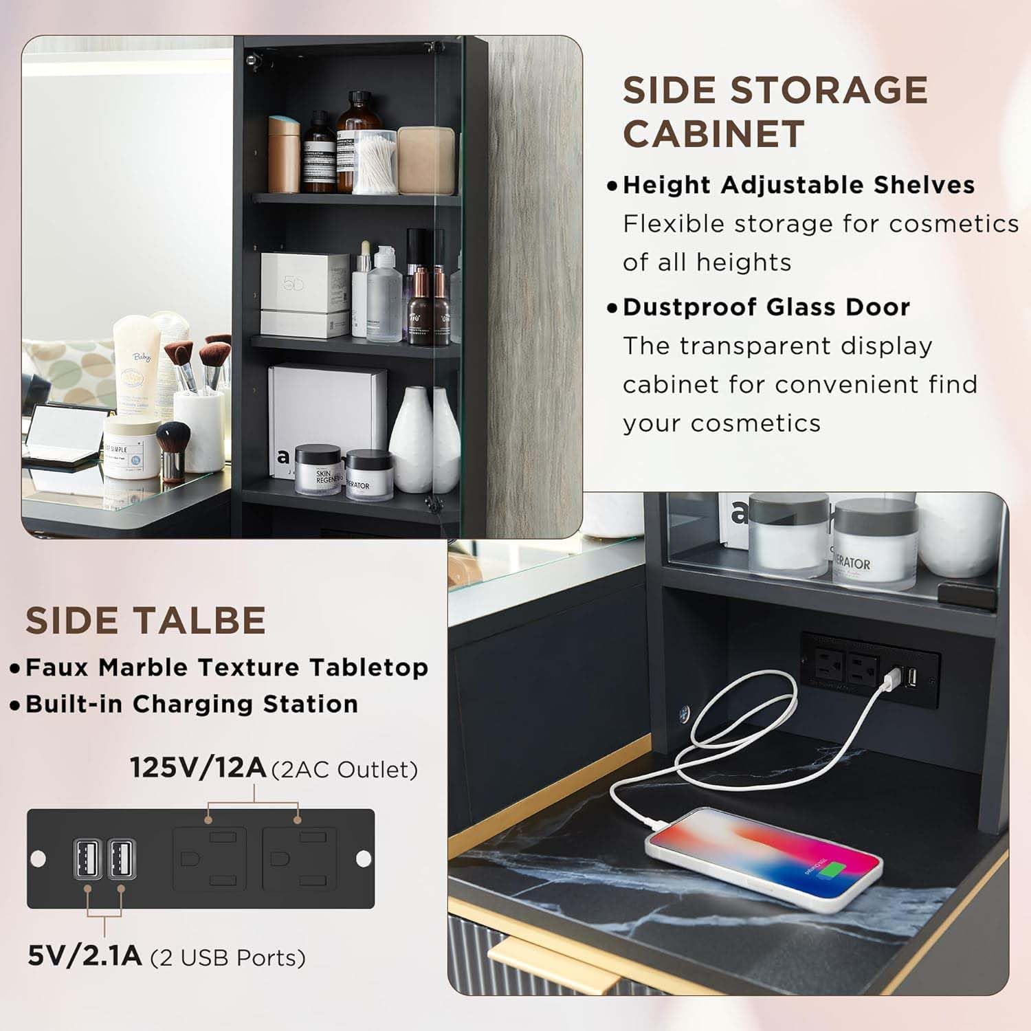 T4TREAM Fluted Makeup Vanity Desk with 36" HD Lighted Mirror, 48" Big Modern Vanity Desk with Mirror and Lights, Dressing Table with 5 Drawers & Shelves, Glass Top for Bedroom, Dark Grey