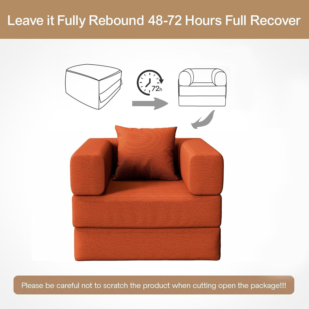 Single Couch Sofa for Small Spaces, 2-in-1 Single Sofa with Soft Corduroy Foldable Chair Lounger Sleeper Sofas for Small Apartment, Living Room, Home Office (Orange, 35.43" Single Sofa)