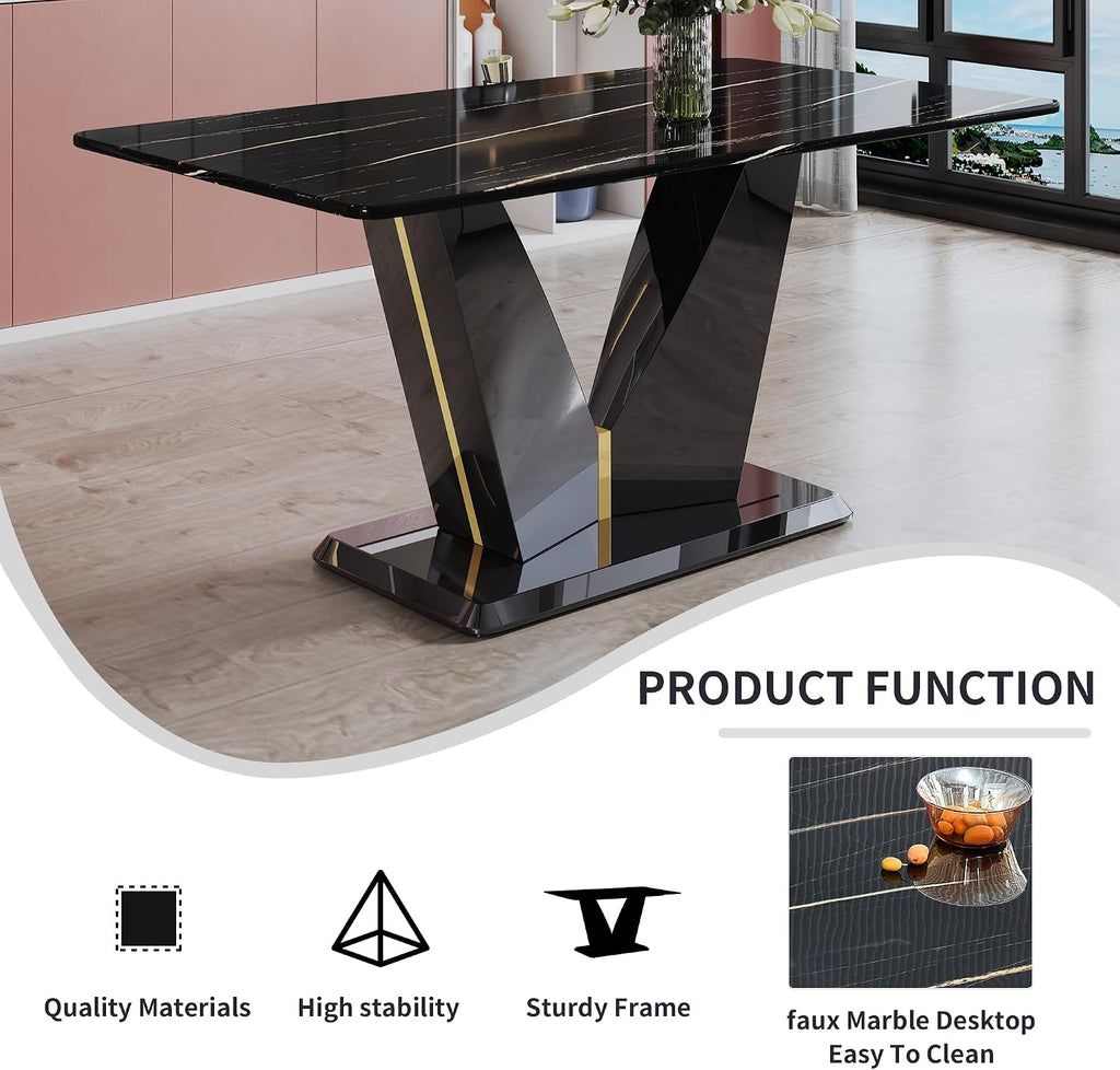7 Pieces Modern Dining Table Set 63" Black Marble Dining Table Set for Rectangle Dining Room Table and 6 Black PU Leather Chairs for Kitchen, Office, Meeting Room, Restaurant
