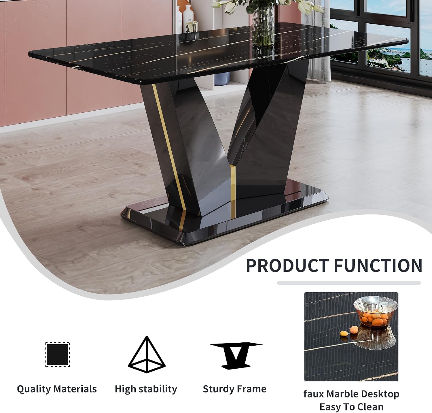 7 Pieces Modern Dining Table Set 63" Black Marble Dining Table Set for Rectangle Dining Room Table and 6 Black PU Leather Chairs for Kitchen, Office, Meeting Room, Restaurant