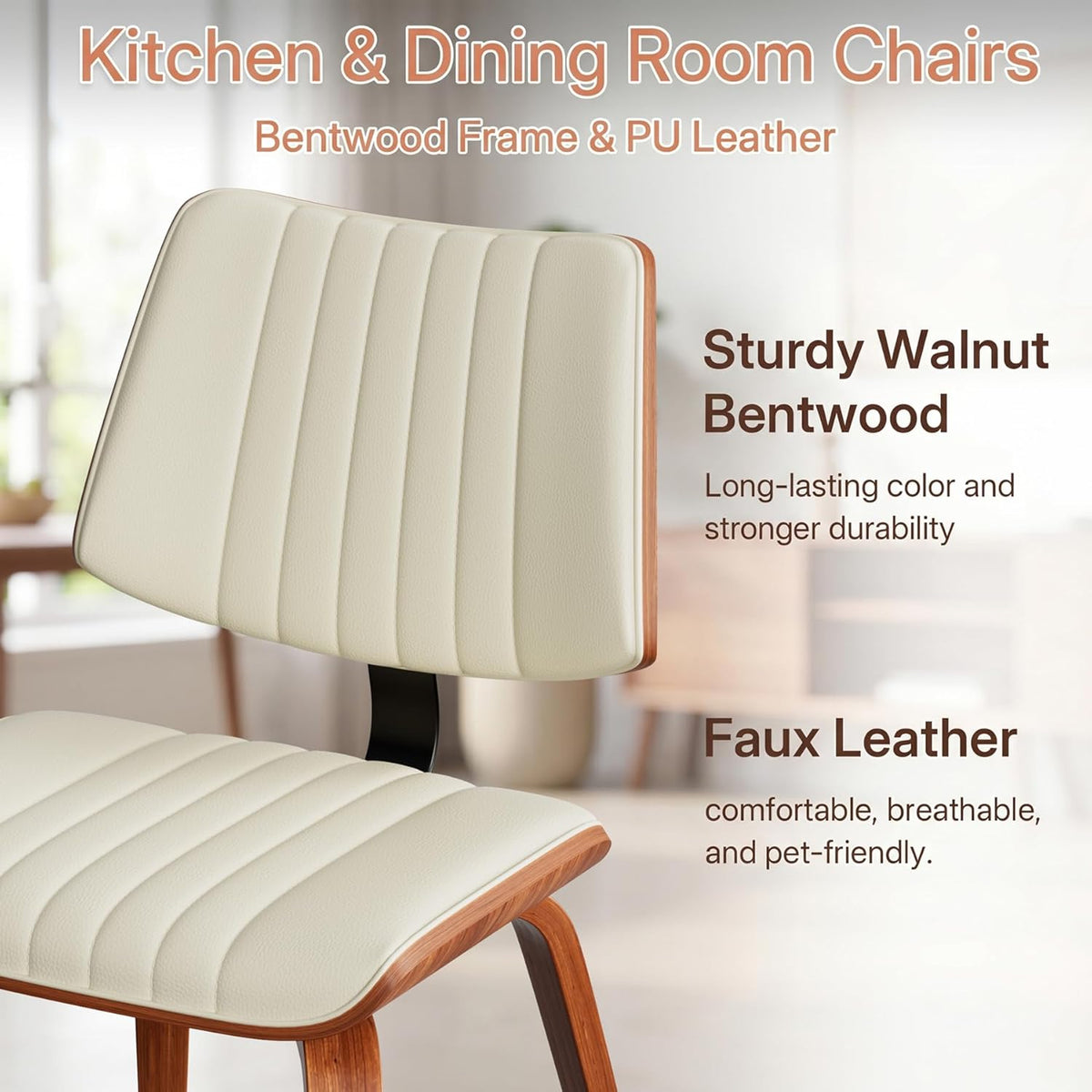 Dining Chairs Set of 2,Mid Century Modern Upholstered Kitchen Chairs with Ergonomic Curved Walnut Bentwood Back,Faux Leather Dining Chairs for Kitchen,Living Room,Study Room,Bed Room,Beige