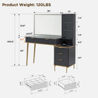 T4TREAM Fluted Makeup Vanity Desk with 36" HD Lighted Mirror, 48" Big Modern Vanity Desk with Mirror and Lights, Dressing Table with 5 Drawers & Shelves, Glass Top for Bedroom, Dark Grey