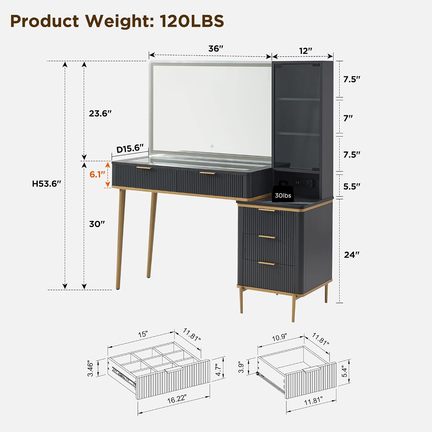 T4TREAM Fluted Makeup Vanity Desk with 36" HD Lighted Mirror, 48" Big Modern Vanity Desk with Mirror and Lights, Dressing Table with 5 Drawers & Shelves, Glass Top for Bedroom, Dark Grey