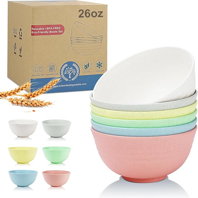26 oz Wheat Straw Bowls Set of 6,Microwave & Dishwasher Safe Cereal Bowls for Kitchen,Lightweight Kids Bowls for Soup,Salad,Fruit,Snack and Oatmeal-Sweet Series