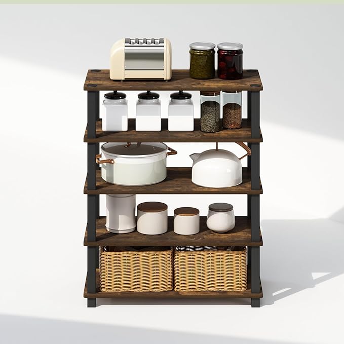 Furinno Turn-S-Tube 3-Tier Multipurpose Stackable Standing Shelves, Amber Pine/Black, Set of 2