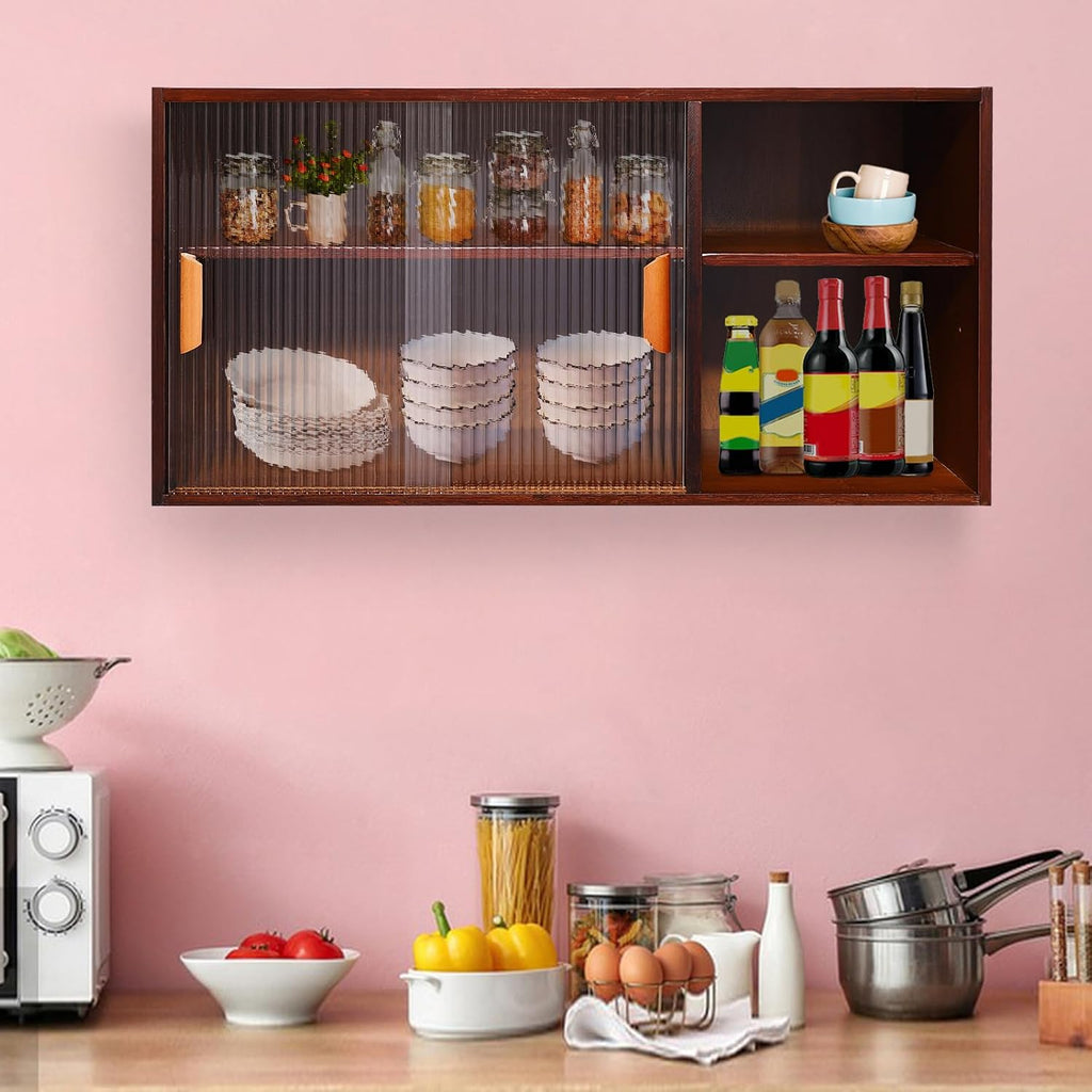 Kitchen Pantry Cabinet, Wall Mount or Countertop Sideboard with Glass Doors, 2 Tiers Rectangular Cupboard Food Pantry Cabinet for Kitchen, Dining Room, or Living Room (Walnut)