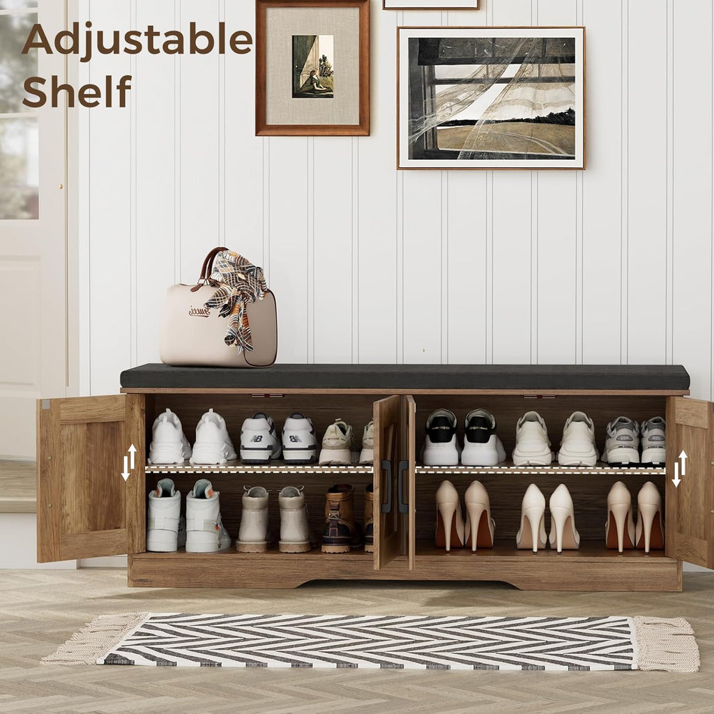 HOMSHO Farmhouse Shoe Storage Bench with 4 Barn Doors & Padded Seat Cushion | 47.2" Wide Entryway Bench with Adjustable Shelves & Hidden Storage, Rustic Walnut