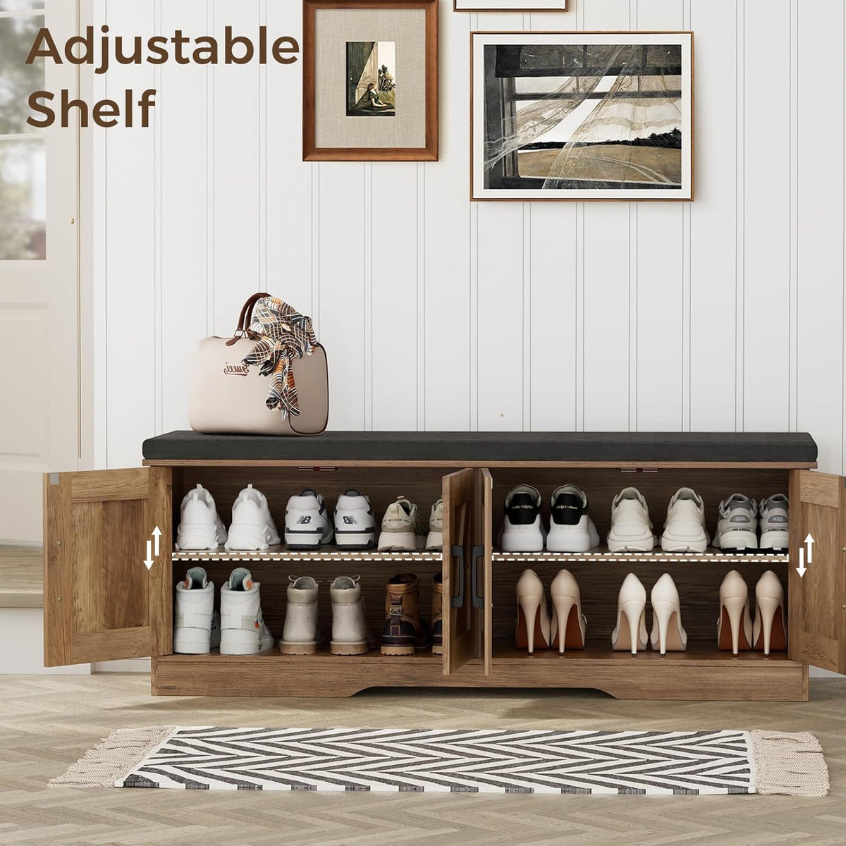 HOMSHO Farmhouse Shoe Storage Bench with 4 Barn Doors & Padded Seat Cushion | 47.2" Wide Entryway Bench with Adjustable Shelves & Hidden Storage, Rustic Walnut