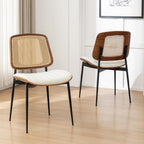 Rattan Dining Room Chairs Set of 2, Mid Century Modern Kitchen Ktichen Chairs,Faux Leather Walnut Wood Finish Side Chair, Metal Legs Desk Chair with Rattan Backrest,White