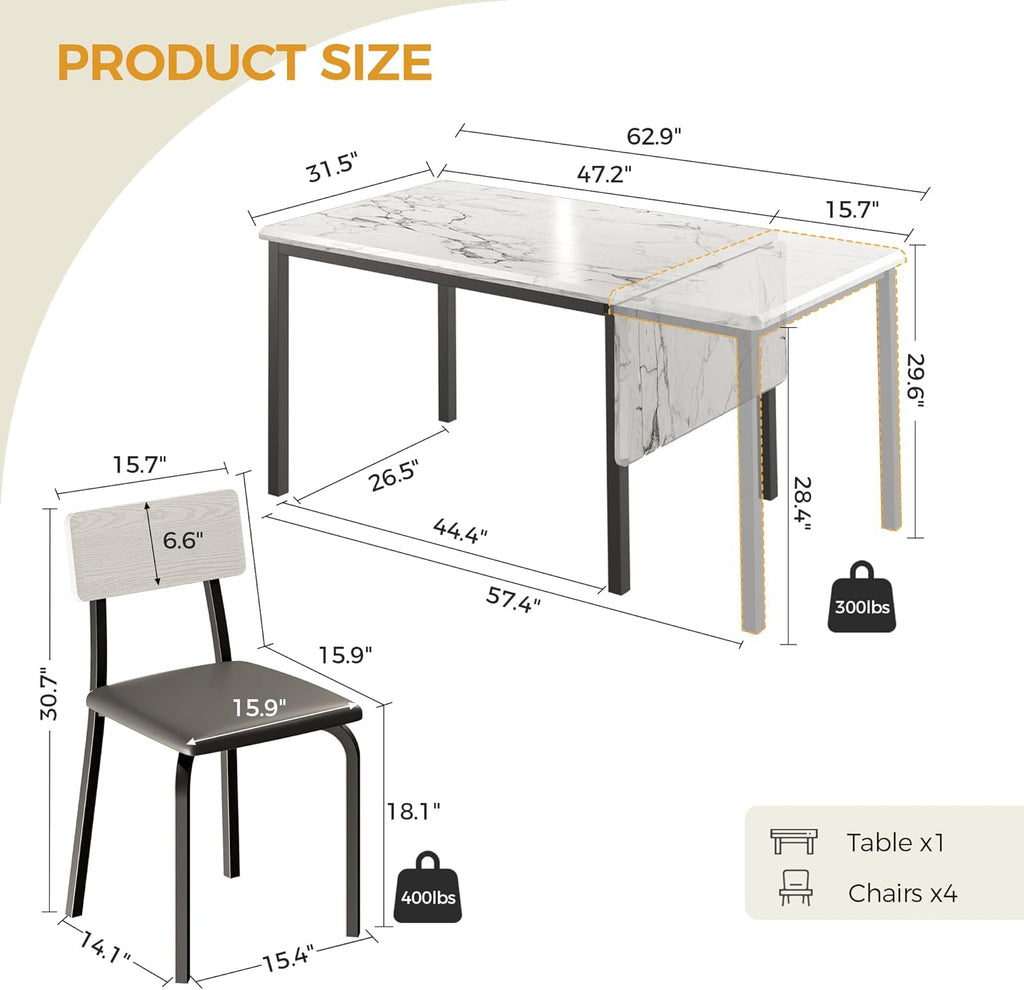 IRONCK 5-Piece 63" Extendable Dining Table with 4 Upholstered Chairs, Kitchen Table Set for 4-8 People, Dining Room Sets with MDF Wood Board, Drop Leaf Table Design for Space Saving, Marple White