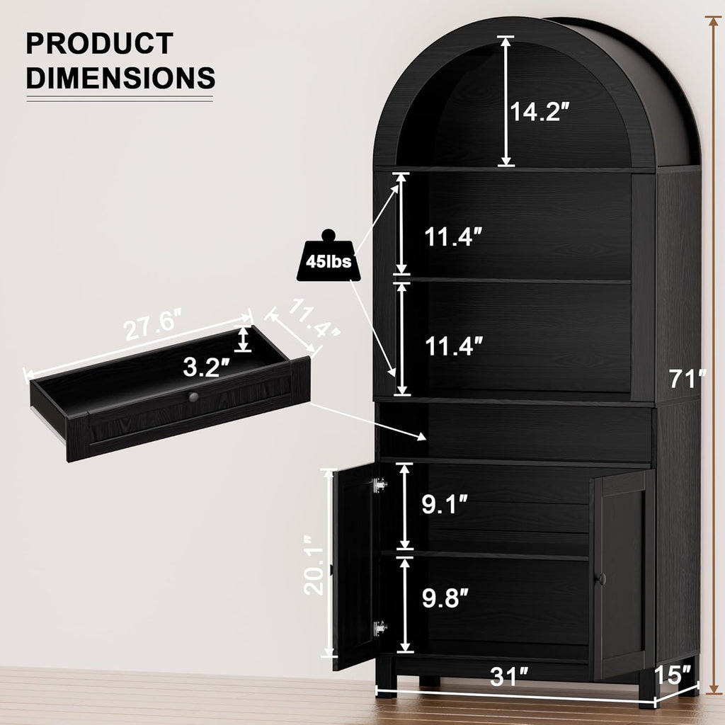Arched Pantry Cabinet, 71" Kitchen Pantry Cabinet with Smooth Gliding Drawers and Adjustable Shelf, Wood Storage Cabinets Anti-Tipping, Modern Farmhouse for Living Room, Dining Room (Black)