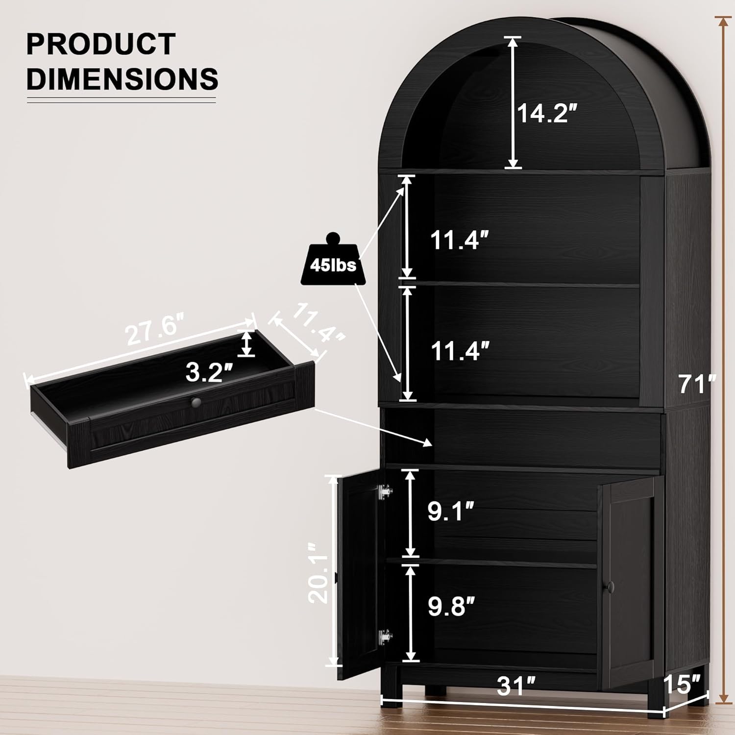 Arched Pantry Cabinet, 71" Kitchen Pantry Cabinet with Smooth Gliding Drawers and Adjustable Shelf, Wood Storage Cabinets Anti-Tipping, Modern Farmhouse for Living Room, Dining Room (Black)
