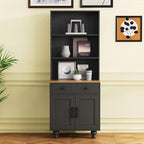 Farmhouse Storage Cabinet with Solid Wood Gourd Legs, 5-Tier Kitchen Pantry Cabinet with Adjustable Shelves & Drawer, Freestanding Bookshelf Display Cabinet for Living Room, Black