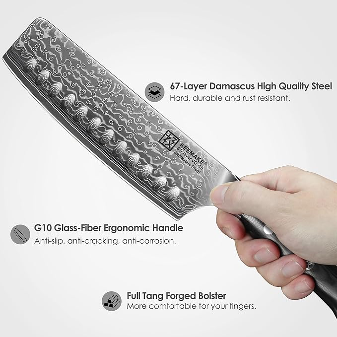 KEEMAKE Nakiri Knife 7in Ultra Sharp Meat Cleaver and Vegetable Chopper, Damascus Kitchen Knives with Full Tang G10 Ergonomic Handle, Japanese Knife for Kitchen