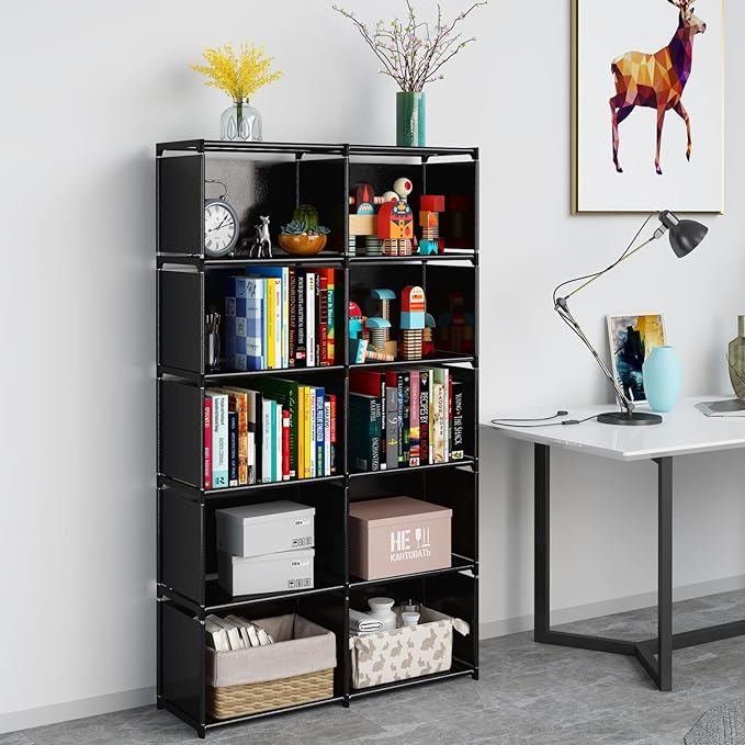 JIUYOTREE 6-Tiers Portable Bookshelf with Fabric Cloth at Back, 10 Cube Closet Storage Organizer Bookcase, Living Room,Study Room,Bedroom, Black