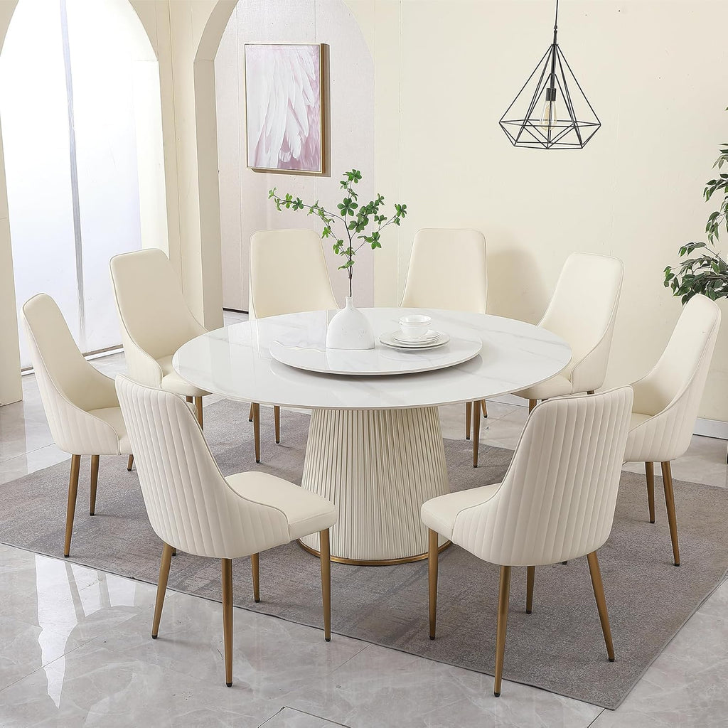 Round Marble Dining Table, Dining Table Faux Marble Stone Top Dining Room Set for 6-8 (White Tabletop, 59in Only Table with Lazy Susan)