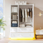 VOWNER Wardrobe Closet with 3 Doors Bedroom Armoire with Mirror & 4 Drawers