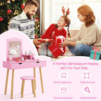 Costzon Kids Vanity Set, Girls Vanity Set with Mirror and Stool, 2 Large Drawers, Storage Shelf, Wooden Princess Makeup Dressing Table, Vanity Table and Chair Set for Toddlers (Pink)