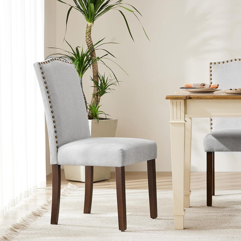 DUMOS Upholstered Dining Chairs Set of 6, Farmhouse Fabric Dining Room Kitchen Chair with Nailhead Trim and Wood Legs, Modern High Back Side Chairs for Living Room, Light Grey