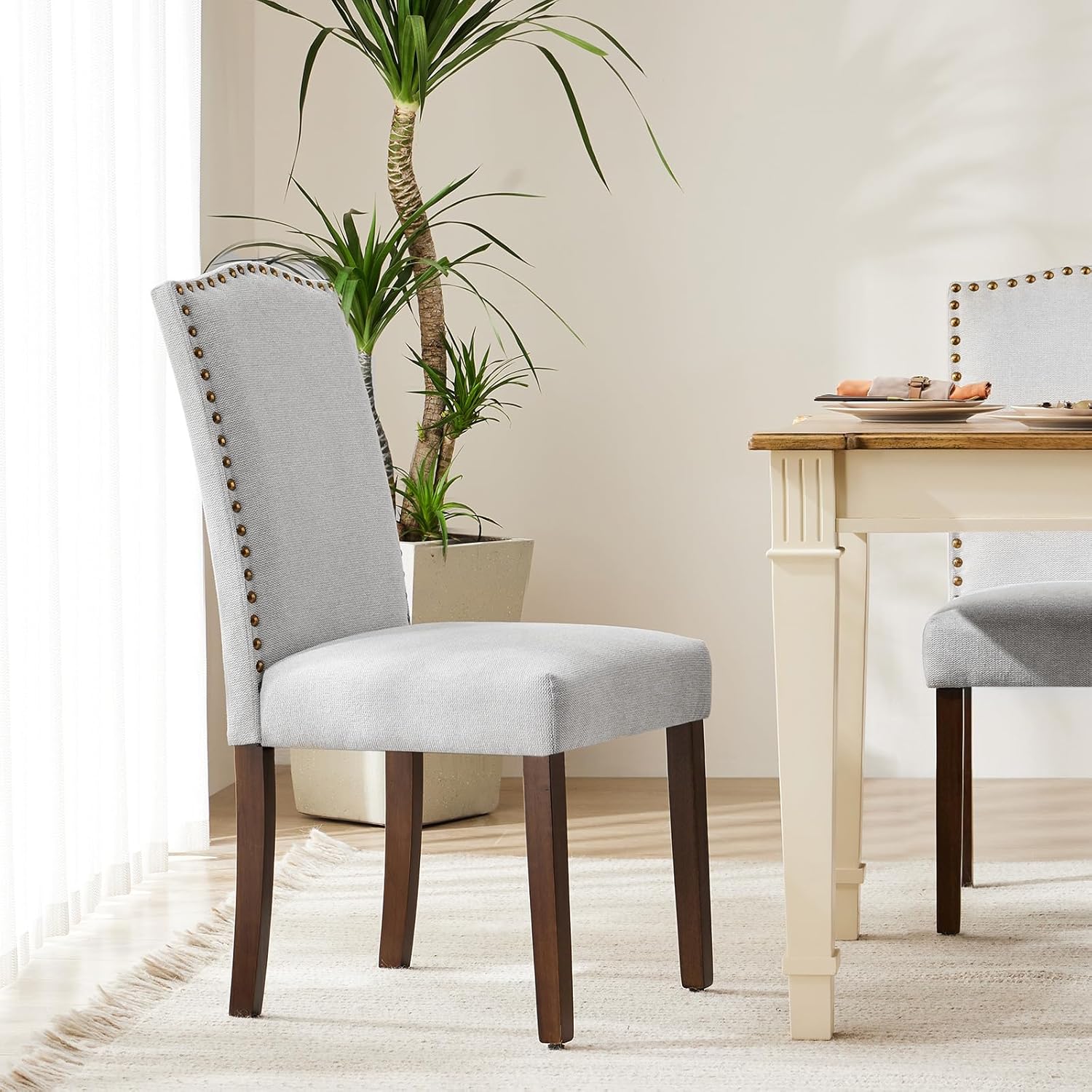 DUMOS Dining Chairs Set of 6, Farmhouse Fabric Upholstered Kitchen Chairs with Wooden Legs and Padded Seat, Modern Accent Chair for Dining Room, Kitchen, Living Room, Restaurant, Light Grey