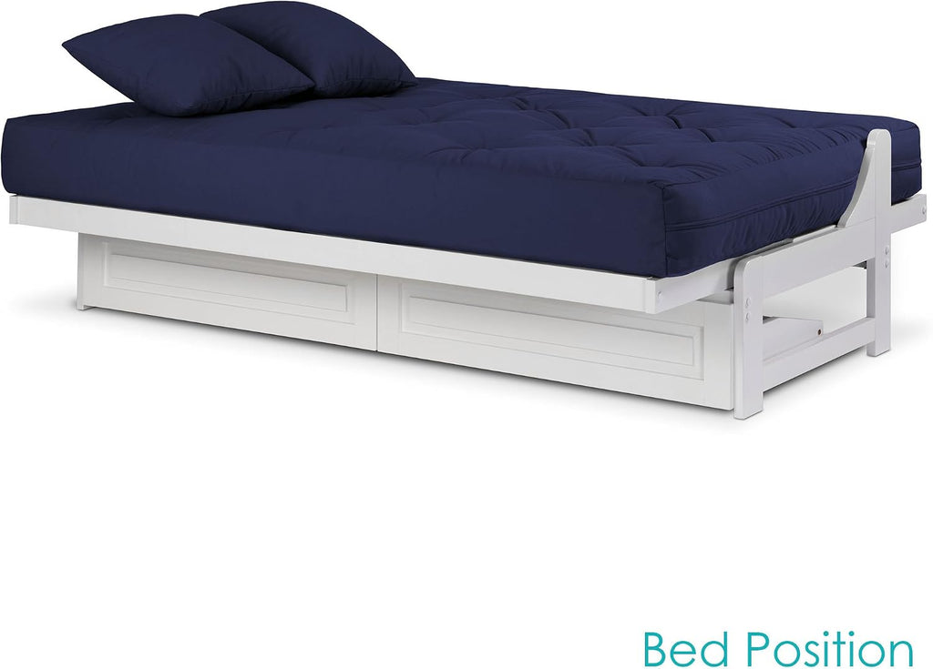 Nirvana Futons Arden White Futon with Storage Drawers Queen Size - Minimalist Armless Design with 8 Inch Comfortable Mattress (Twill Navy Blue), Sofa Bed Available in