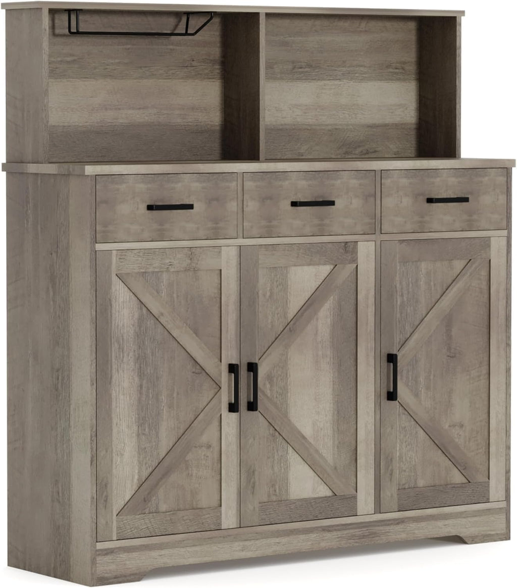 IDEALHOUSE Farmhouse Buffet Sideboard with Microwave Stand, Barn Door Storage Cabinet with Drawers and Shelves, Wood Coffee Bar for Kitchen, Dining Room, Living Room, Brown