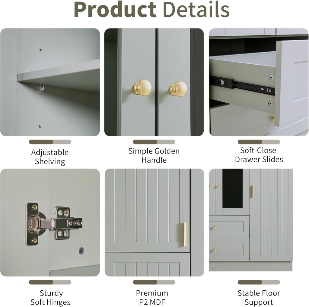 Modern Large Kitchen Pantry with 6 Doors,Storage Cupboard with Drawers, Adjustable Shelves,Pull-Out Trays and Wine Rack for Dining Room (Gray/KP)