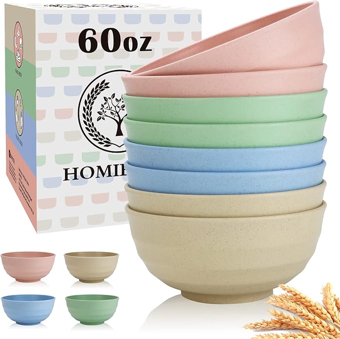 60 OZ Big Salad Bowls,Large Soup Bowl Set of 8,Wheat Straw Bowls,Serving Bowl for Wedding Parties,Microwave and Dishwasher Safe Bowl for Salad,Soup,Serving,Oatmeal Big Bowls for Kitchen - Light Color