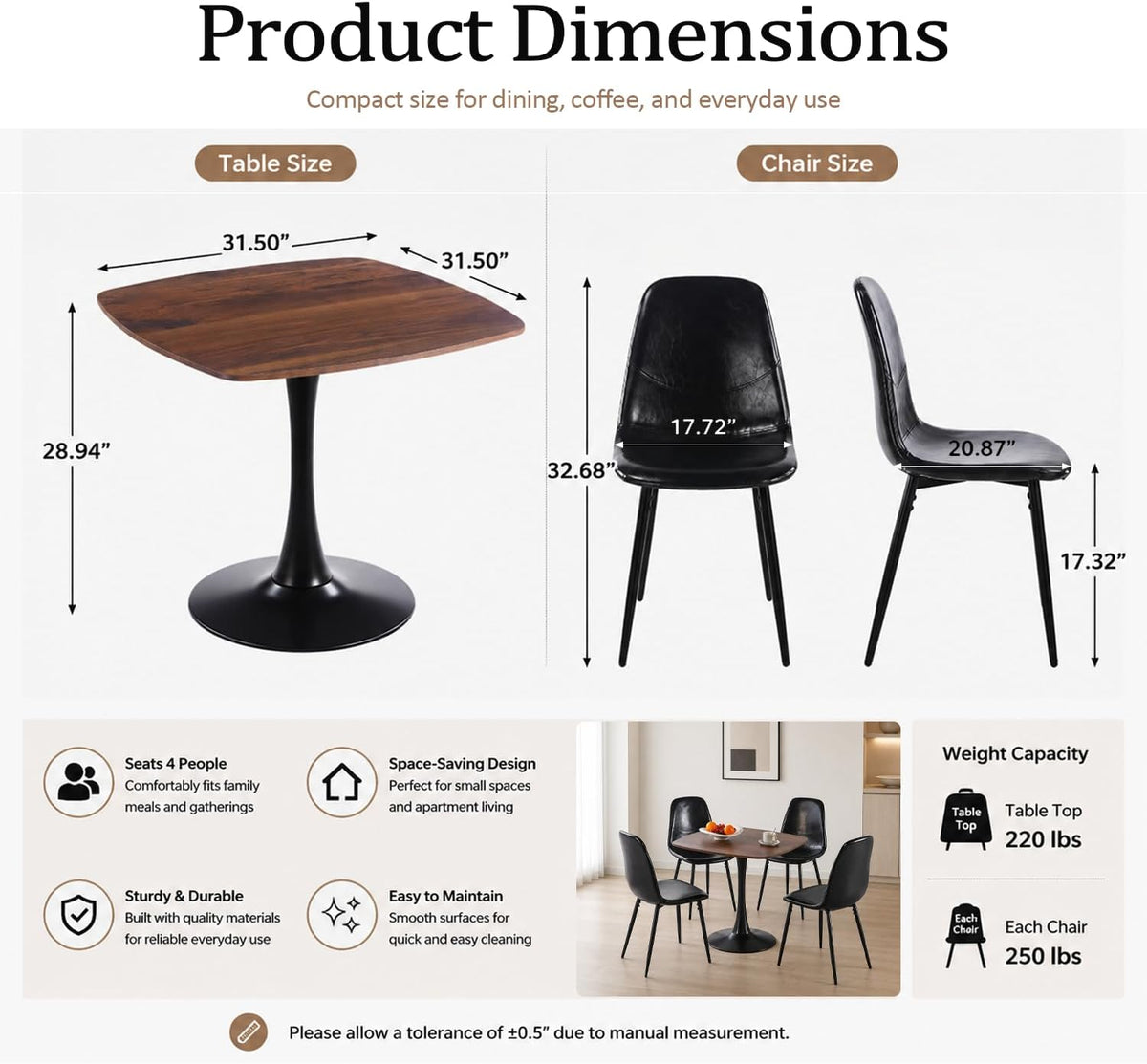 Table with 4 Chairs, Wooden Round Dining Table Set | Space-Saving Set，Wood-Grain Finish，Rounded Edges，ErgonomicComfort