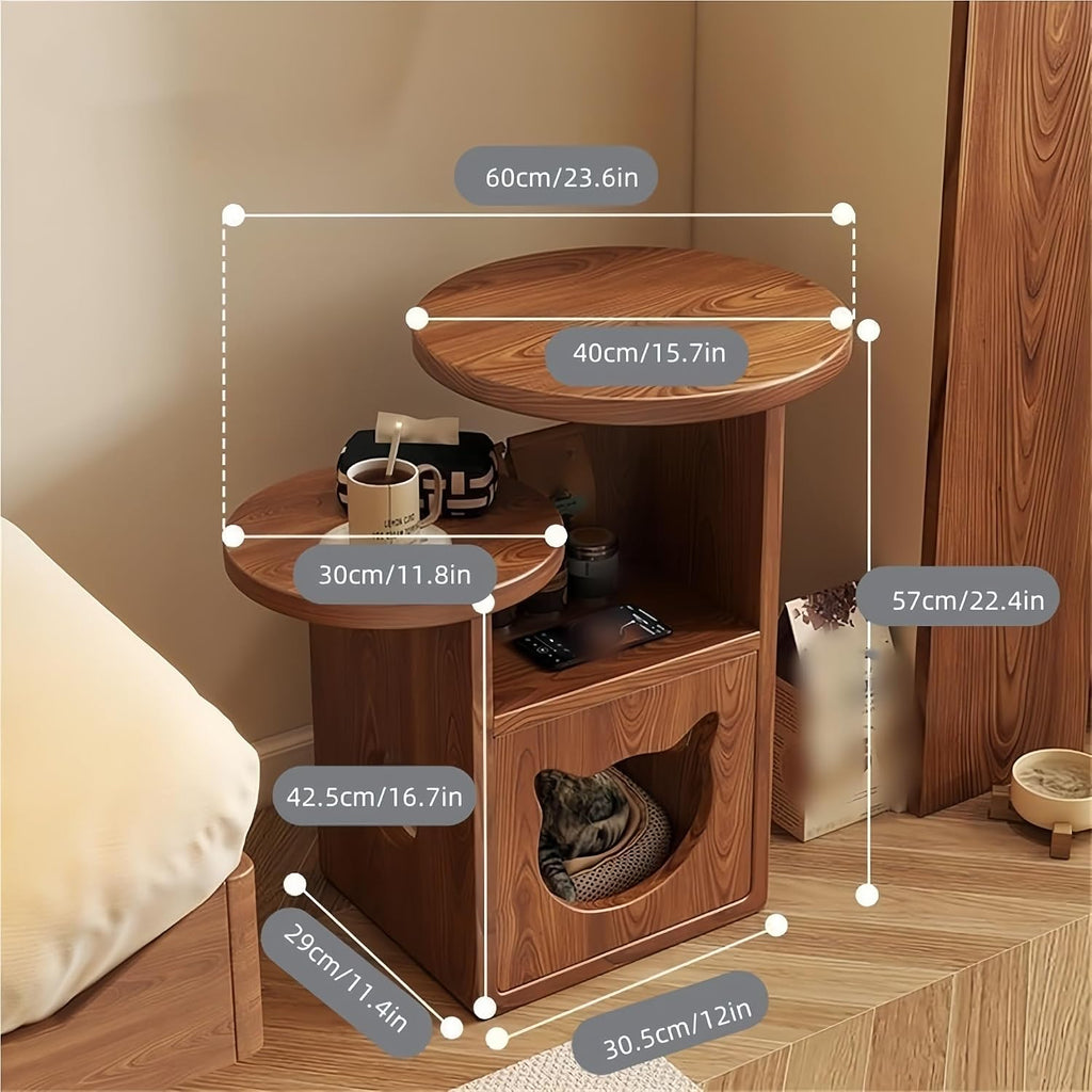 Cat Tree and End Tables, Cat Nightstand, Wooden Round Side Table wiht Cats Houses, Small Bedside Table with 3-Tier Storage Shelves, Modern Cats Furniture for Living Room Bedroom(Brown)