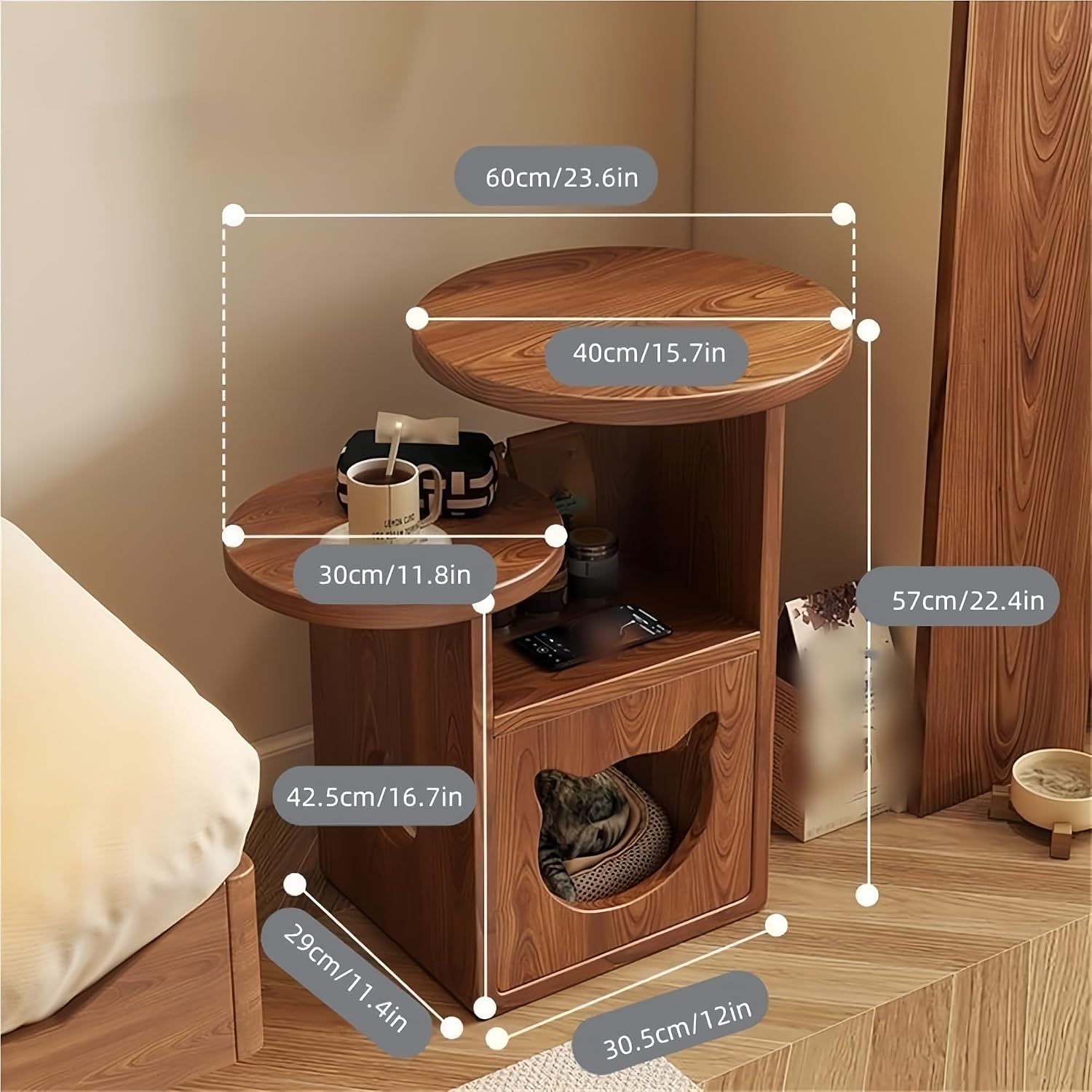 Cat Tree and End Tables, Cat Nightstand, Wooden Round Side Table wiht Cats Houses, Small Bedside Table with 3-Tier Storage Shelves, Modern Cats Furniture for Living Room Bedroom(Brown)