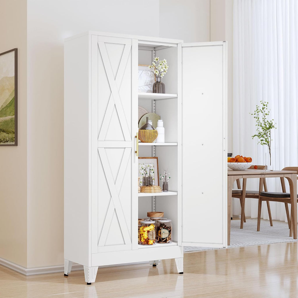 61" Kitchen Pantry Cabinet, Metal Storage Cabinet with 2 Doors and 3 Adjustable Shelves, White Food Pantry Cupboard for Kitchen, Dining Room, Living Room and Bathroom (White)