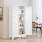 61" Kitchen Pantry Cabinet, Metal Storage Cabinet with 2 Doors and 3 Adjustable Shelves, White Food Pantry Cupboard for Kitchen, Dining Room, Living Room and Bathroom (White)