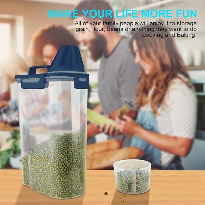 Rice Airtight Dry Food Storage Containers, BPA Free Plastic Storage Bin Dispenser with Pourable Spout, Measuring cup for Cereal, Flour and Baking Supplies Blue