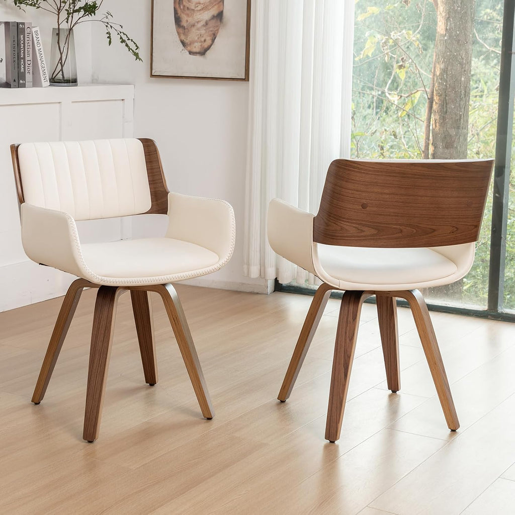LUNLING Swivel Accent Faux Leather Dining Chairs Set of 2 Mid Century Modern Chairs with Wooden Legs/Armrest/Upholstered Seat/Adjustable Foots for Kitchen Dining Room Desk Chairs Beige PU