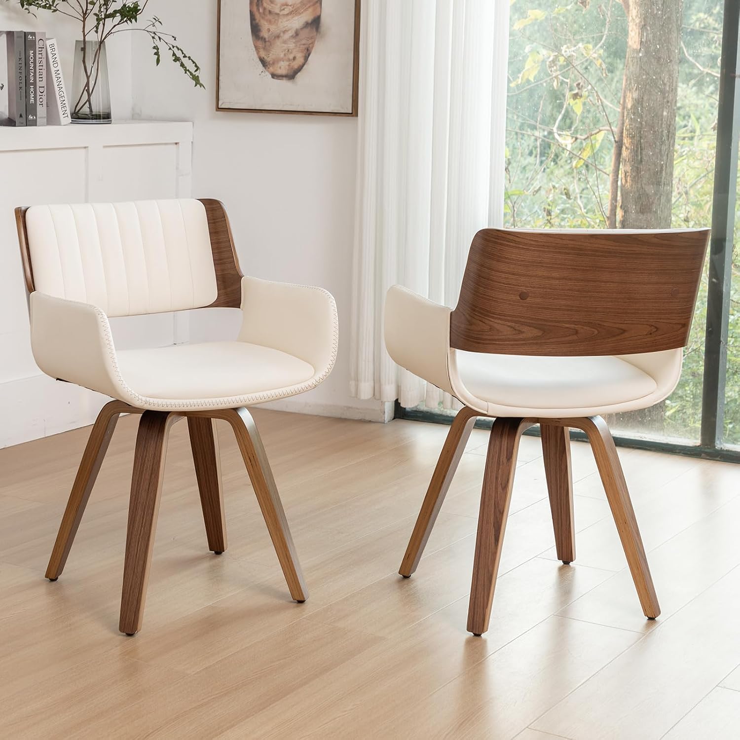 LUNLING Swivel Accent Faux Leather Dining Chairs Set of 2 Mid Century Modern Chairs with Wooden Legs/Armrest/Upholstered Seat/Adjustable Foots for Kitchen Dining Room Desk Chairs Beige PU
