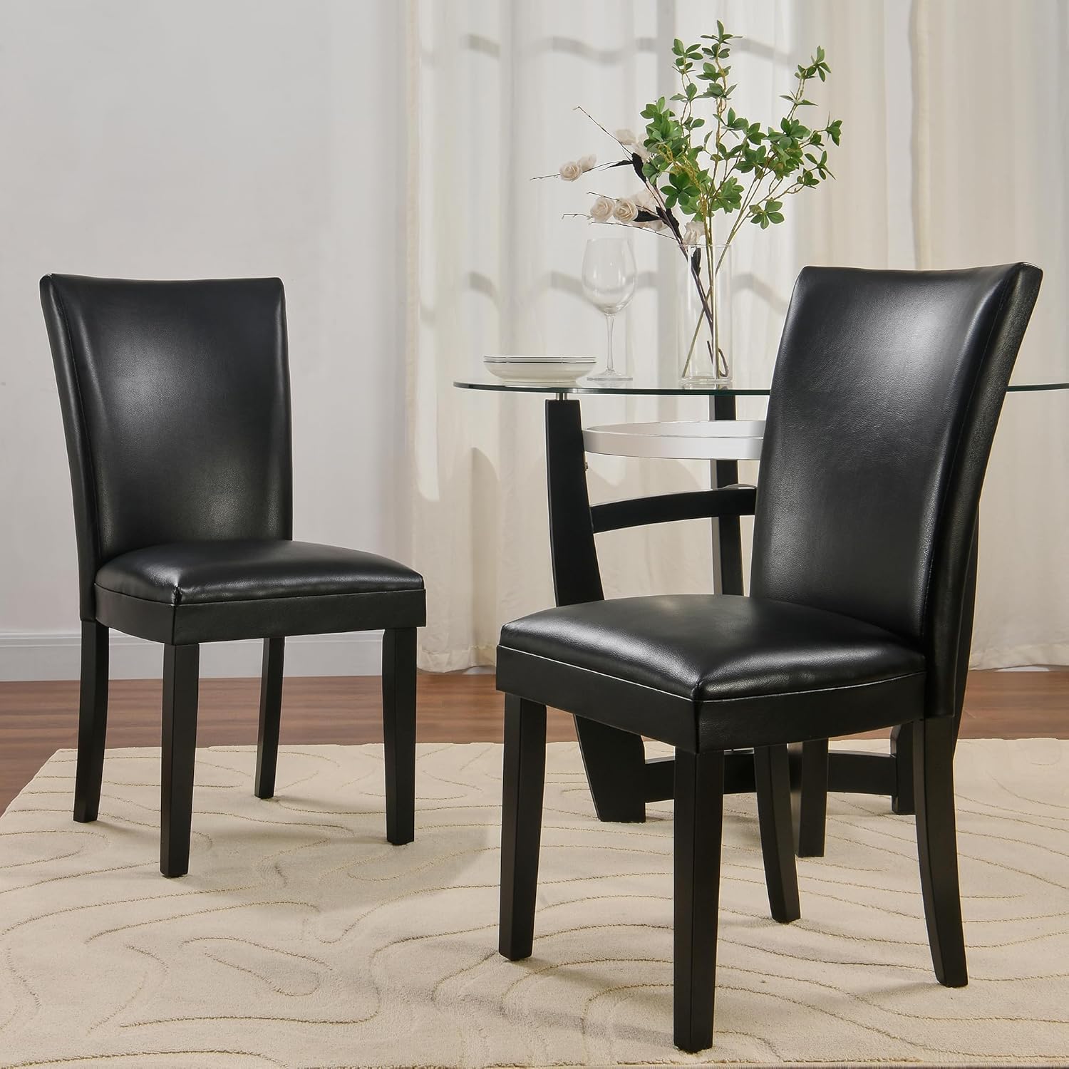 Set of 2 Black Dining Chairs, Modern Upholstered Parsons Chairs with Wooden Legs and Leather Finish, Ideal for Kitchen, Dining Room & Café