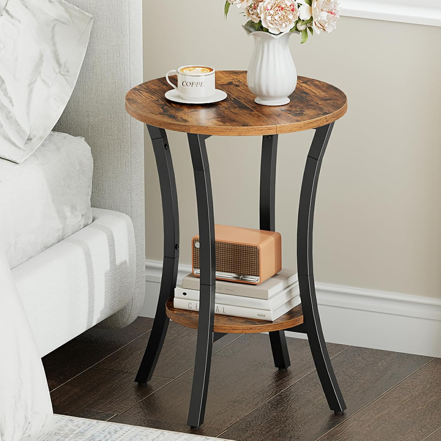 HOOBRO Round Side Table 15.7", 2-Tier Sofa End Table, Small Storage Nightstand, for Small Spaces, Living Room Bedroom Accent Table, Rustic Brown and Black BF180BZ01